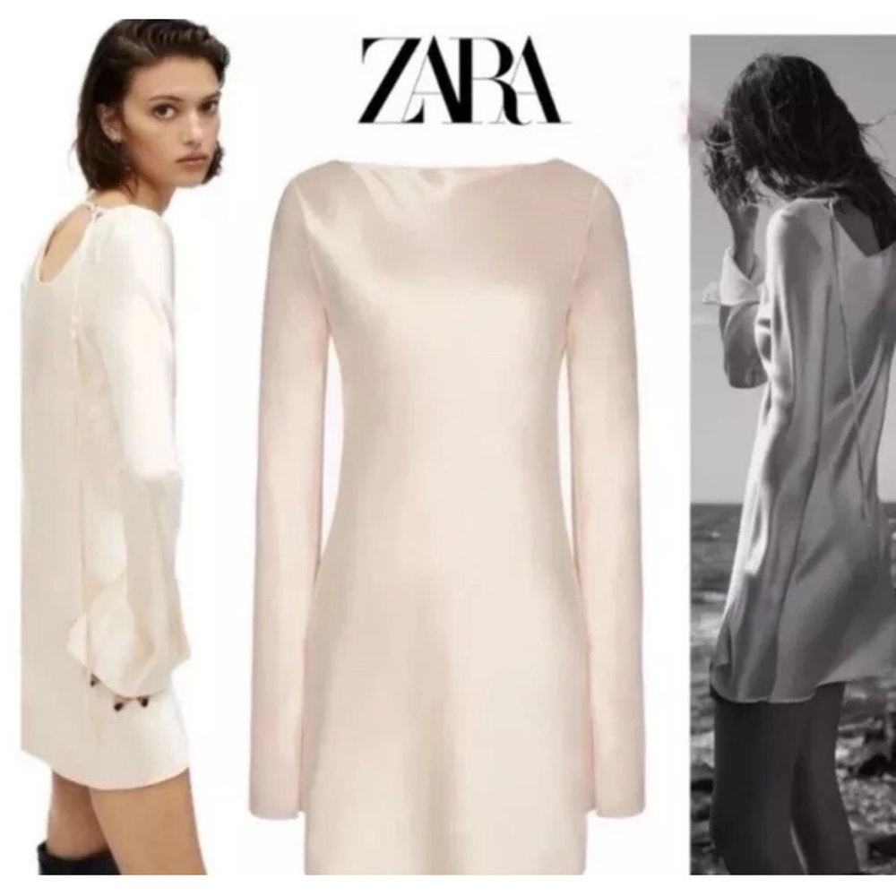 Zara x KAIA GERBER Cream Satin Effects Mini Shift Dress Long Bell Sleeve New S